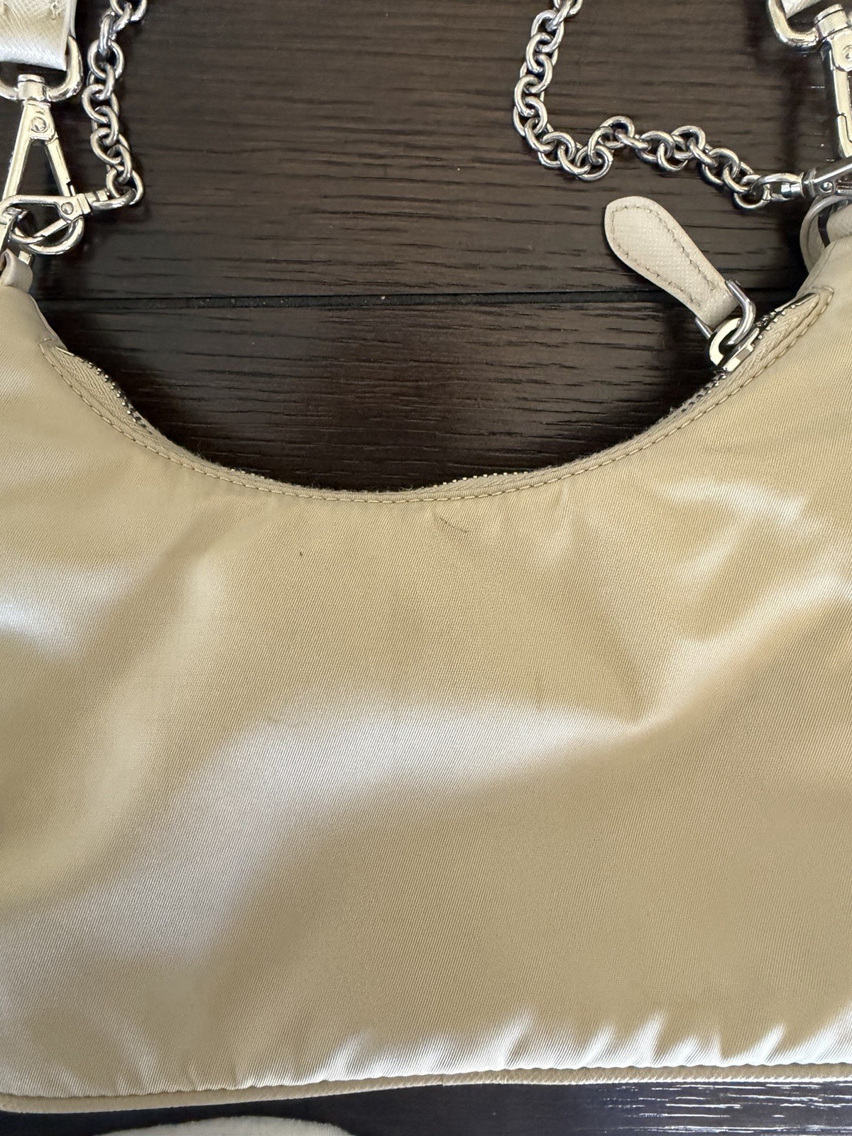 Prada Beige Nylon Shoulder Bag with Logo Strap and Chain