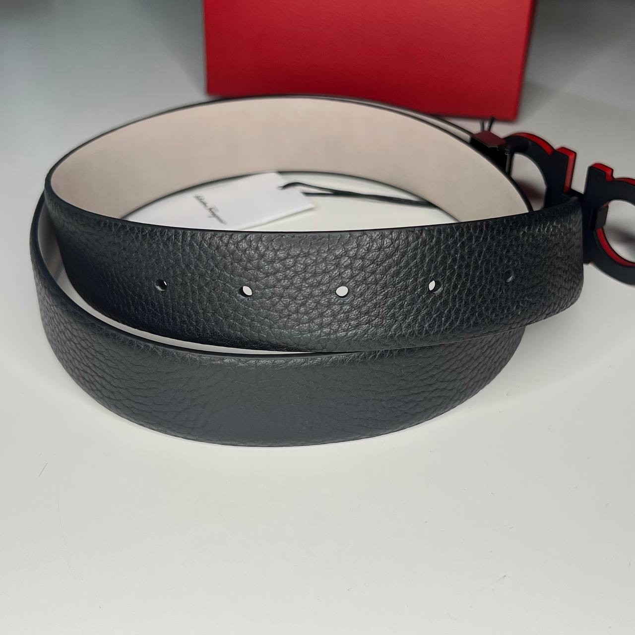 Black Pebbled Leather Salvatore Ferragamo Mens Belt with Black Buckle