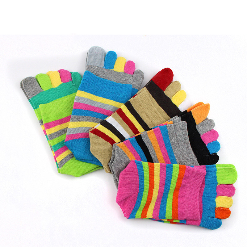 5 Pairs Women Five Finger Toe Socks Sport Casual Rainbow Striped Solid Color 5-9