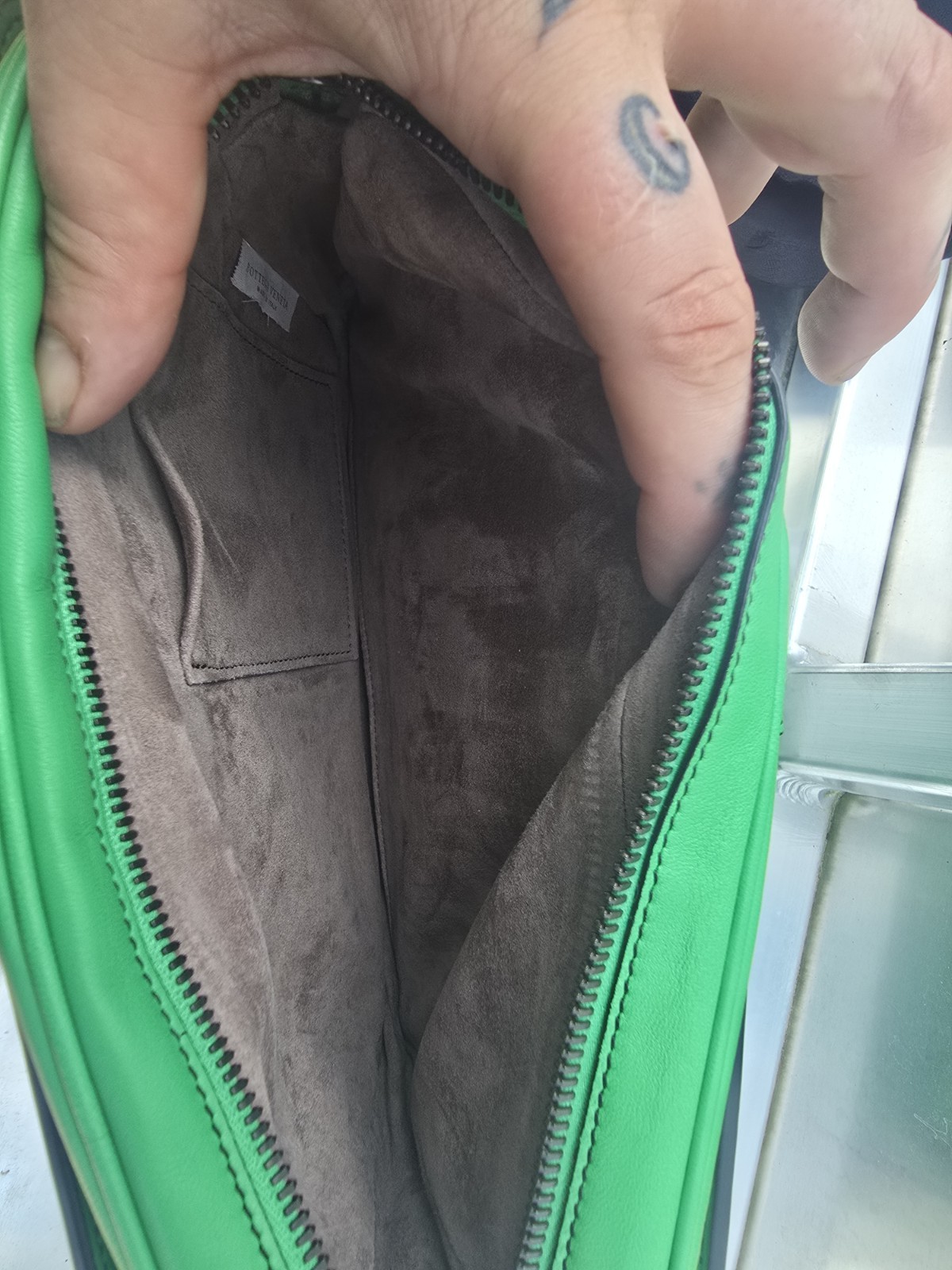 Bottega Veneta Green Woven Camera Bag, Zip Closure, Chain Strap