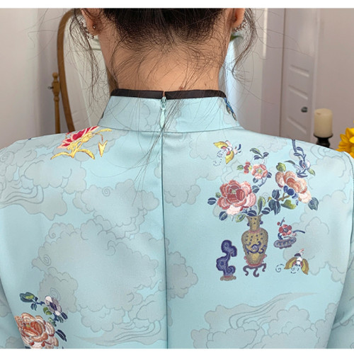 Red Blue Loose New Modern Chinese Cheongsam A-line Dress 3/4 Sleeve Qipao