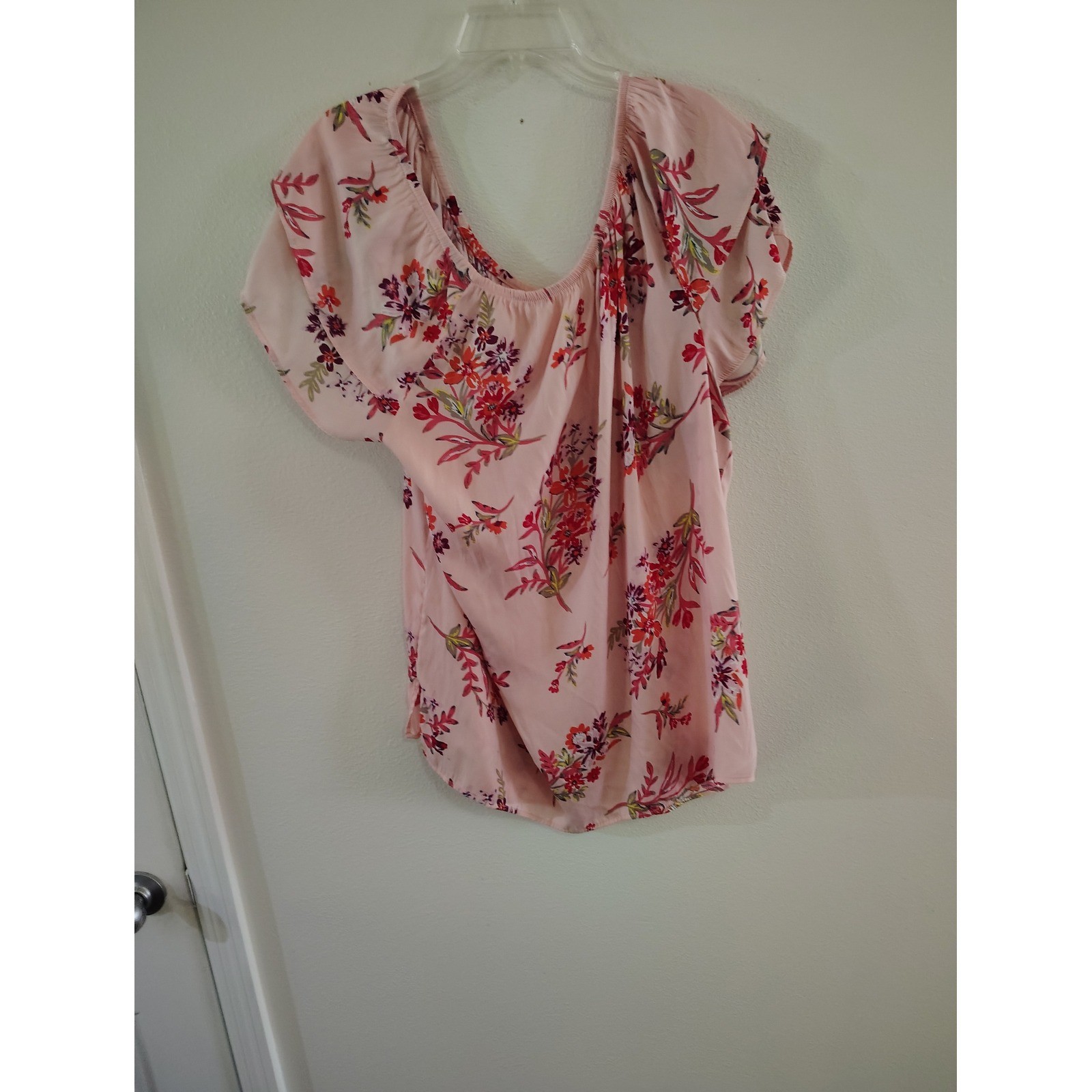 Terra & Sky Pink Floral Flutter Sleeve Blouse Plus Size 1X 16W-18W Scoop Neck