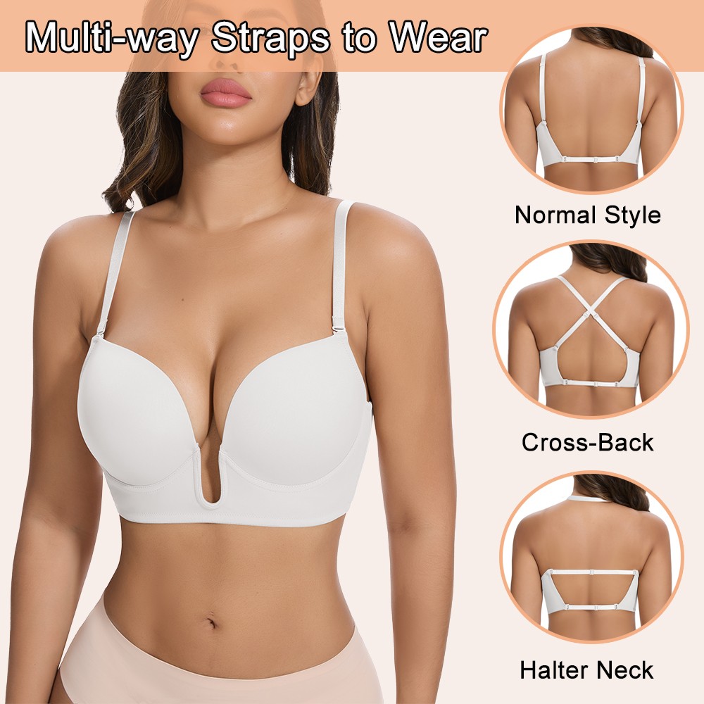 Deep U Plunge Push Up Bra Backless Women Invisible Under Low Cut Dress Underwire