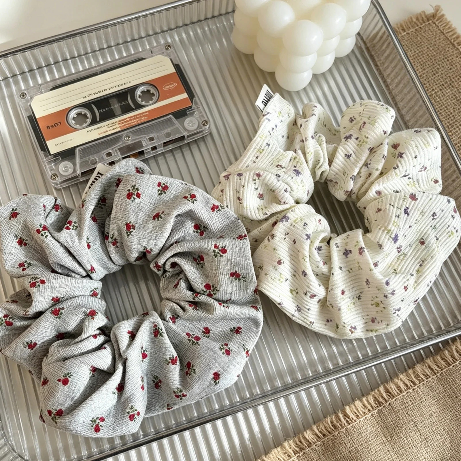 1PC New Style Floral Scrunchies For Women Elegant Ribbed Hair Ties Fashion Hair