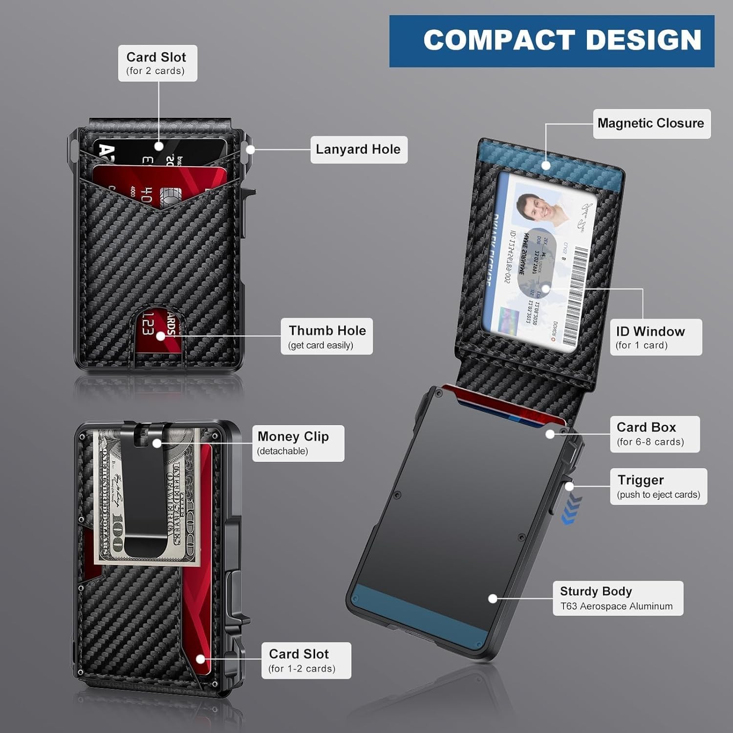 Men’s Slim PopUp Bifold Carbon Fiber Wallet, RFID Blocking, Money Clip, Men Gift