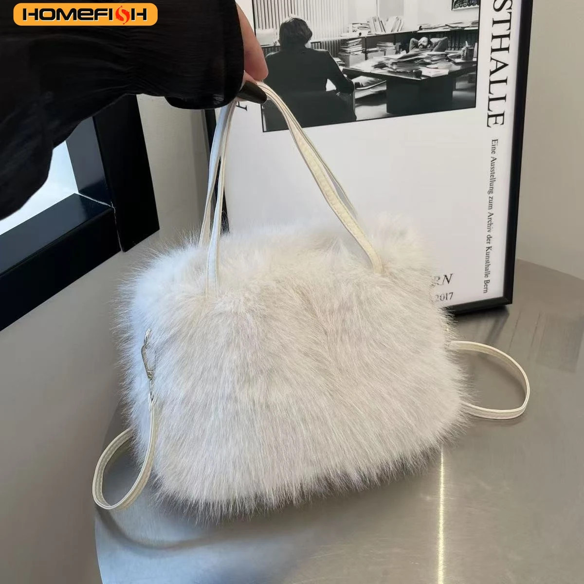 Faux Fur Tote Bag Women’s Bucket Plush Luxury Design Ladies Handbags