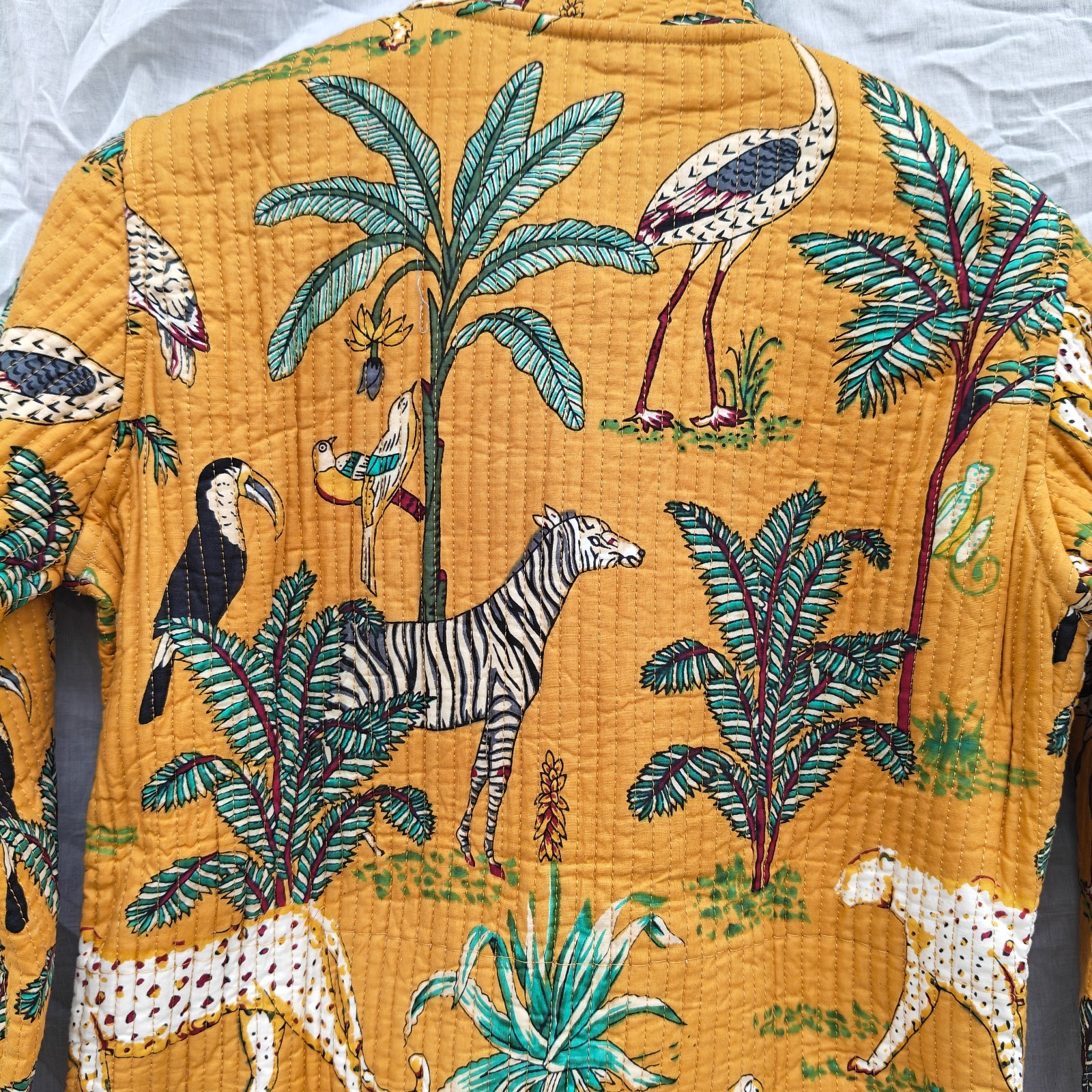 Block Print Cotton Coat, Mustard Yellow Safari Jungle Print Kantha Jacket,