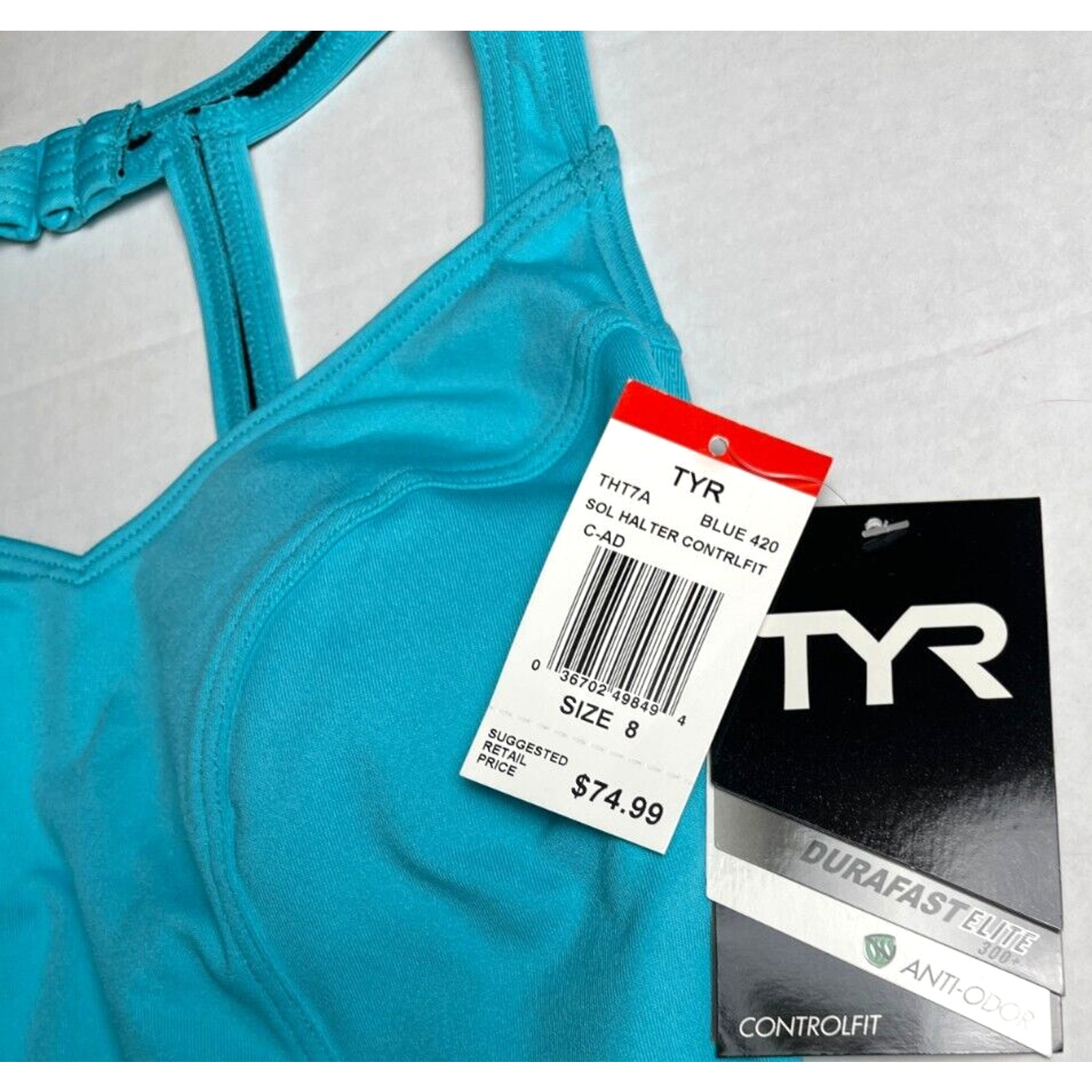 TYR DuraFast Elite Solid Halter ControlFit 1pc Swimsuit Aqua Blue – Size 8 $75