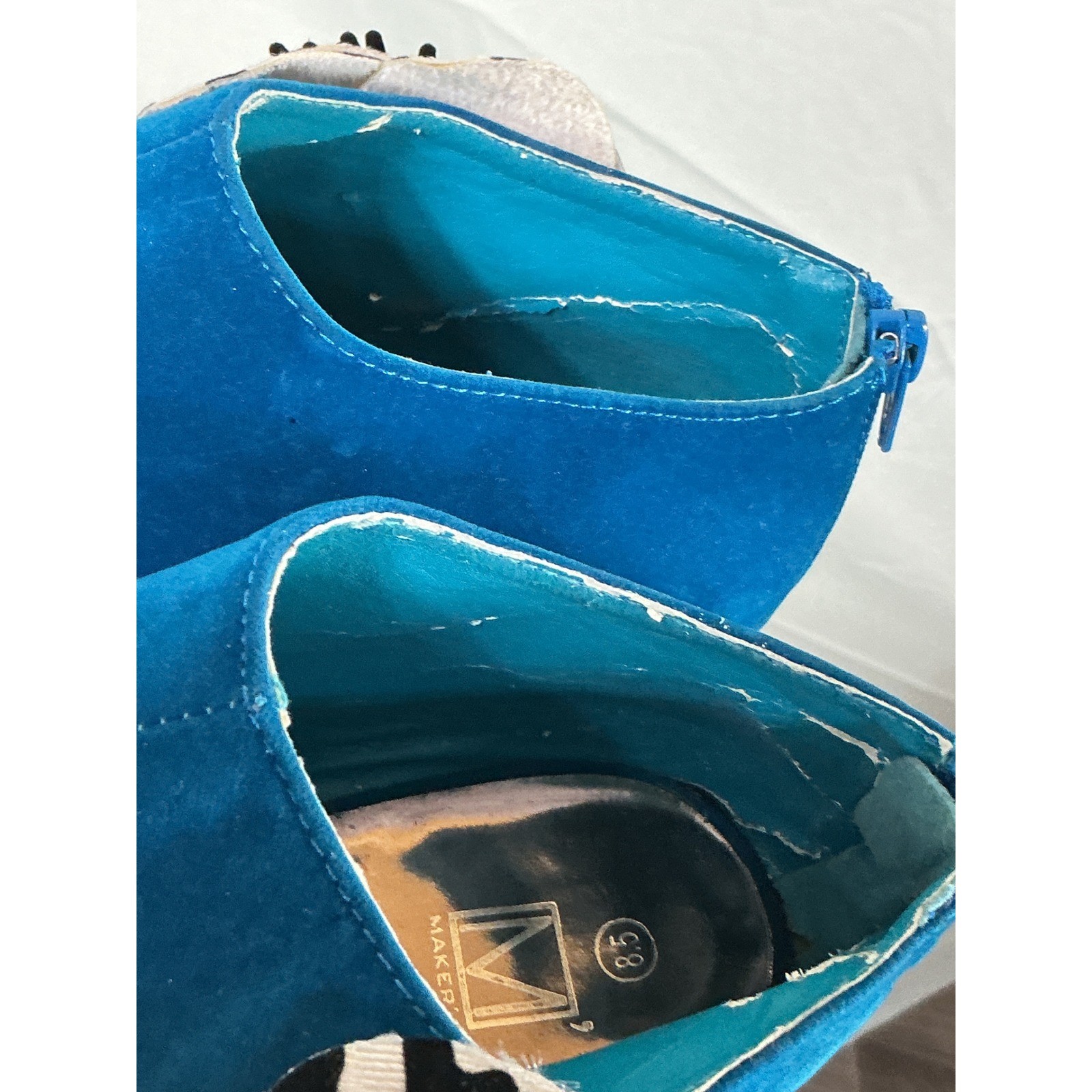 Makers Blue Suede Peep Toe Platform Booties Animal Print Flower Heels Size 8.5