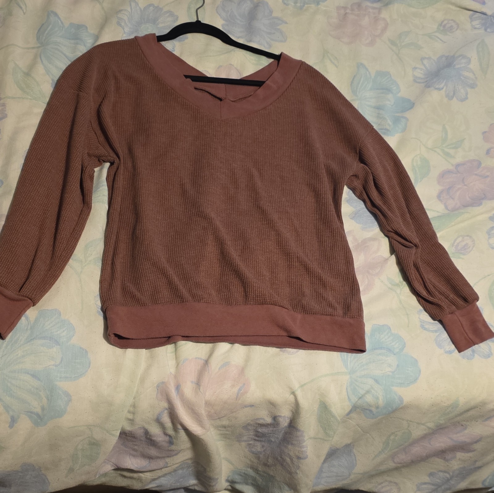 Unknown Factory Women’s Brown Waffle-Knit V-Neck Cotton Pullover Sweater M