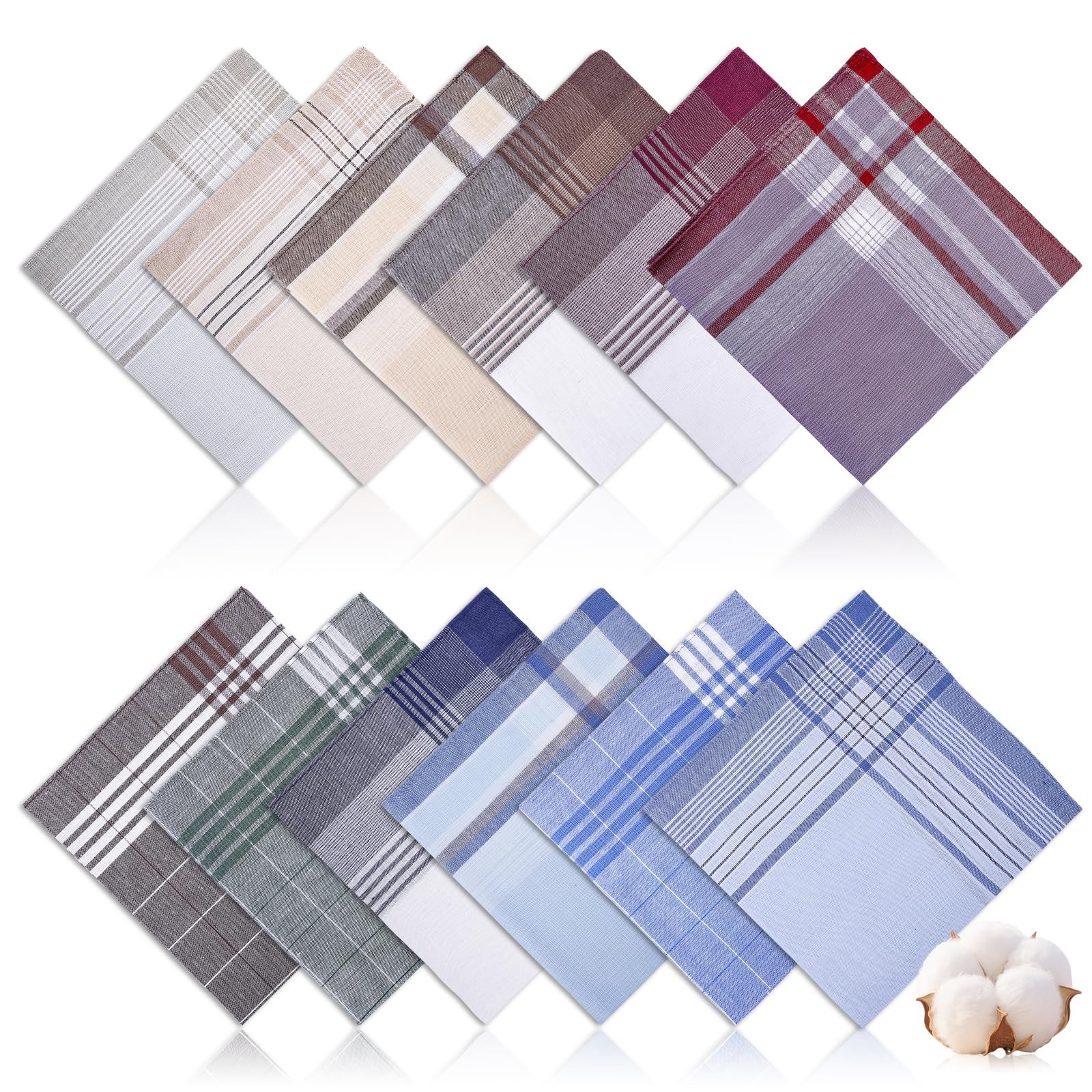 12 PCS Cotton Handkerchiefs for Men, 16×16 Inch Classic Pocket Squares, Checkere