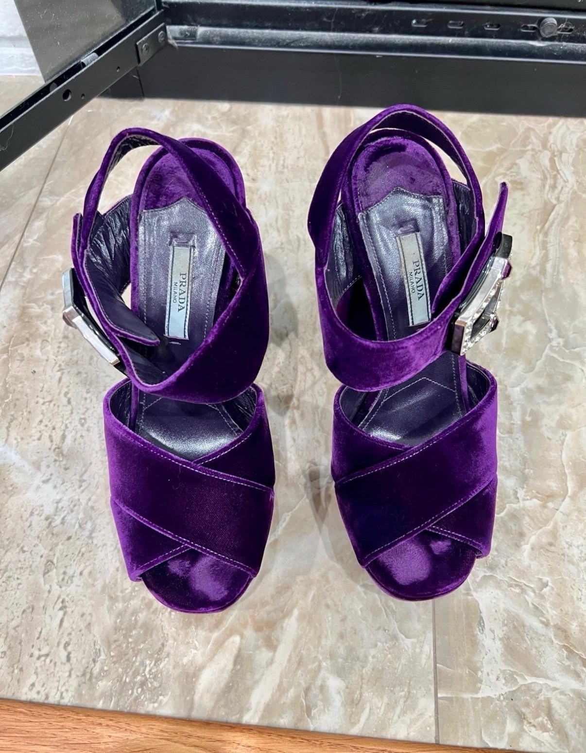 Prada Purple Velvet Rhinestone Buckle Platform Open Toe Ankle Strap, 37.5
