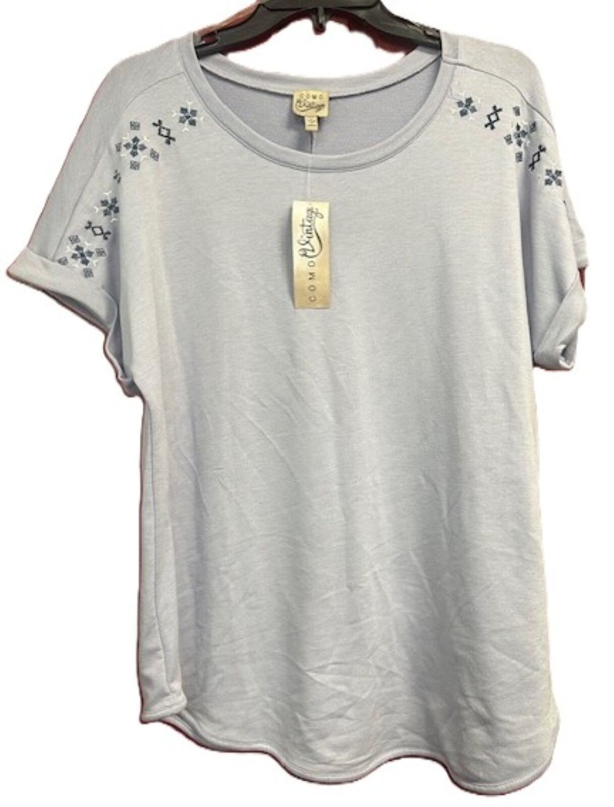 Como Vintage Embroydered Women’s Short Sleeve Terry T-Shirt, Light Purple, NEW