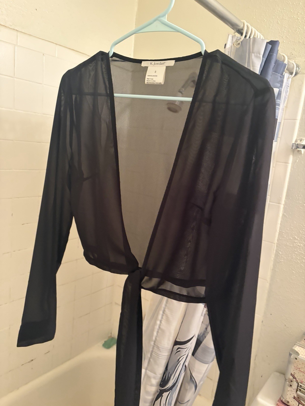 K. Jordan Women’s S Black Sheer Chiffon Tie-Front V-Neck Long Sleeve Crop Top