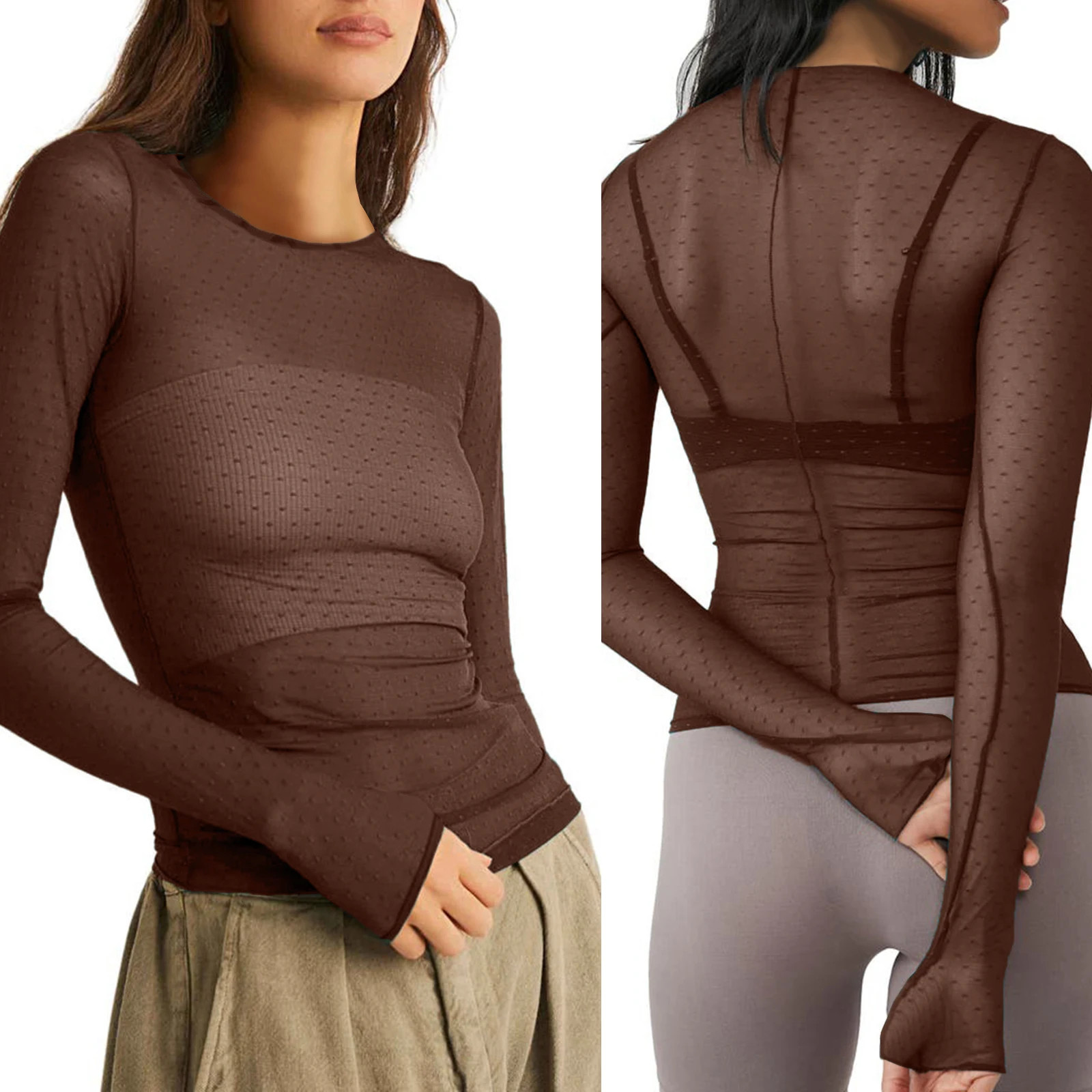 Women Long Sleeve T-shirt Casual Crew Neck Dots See-through Slim Fit Sheer Tops