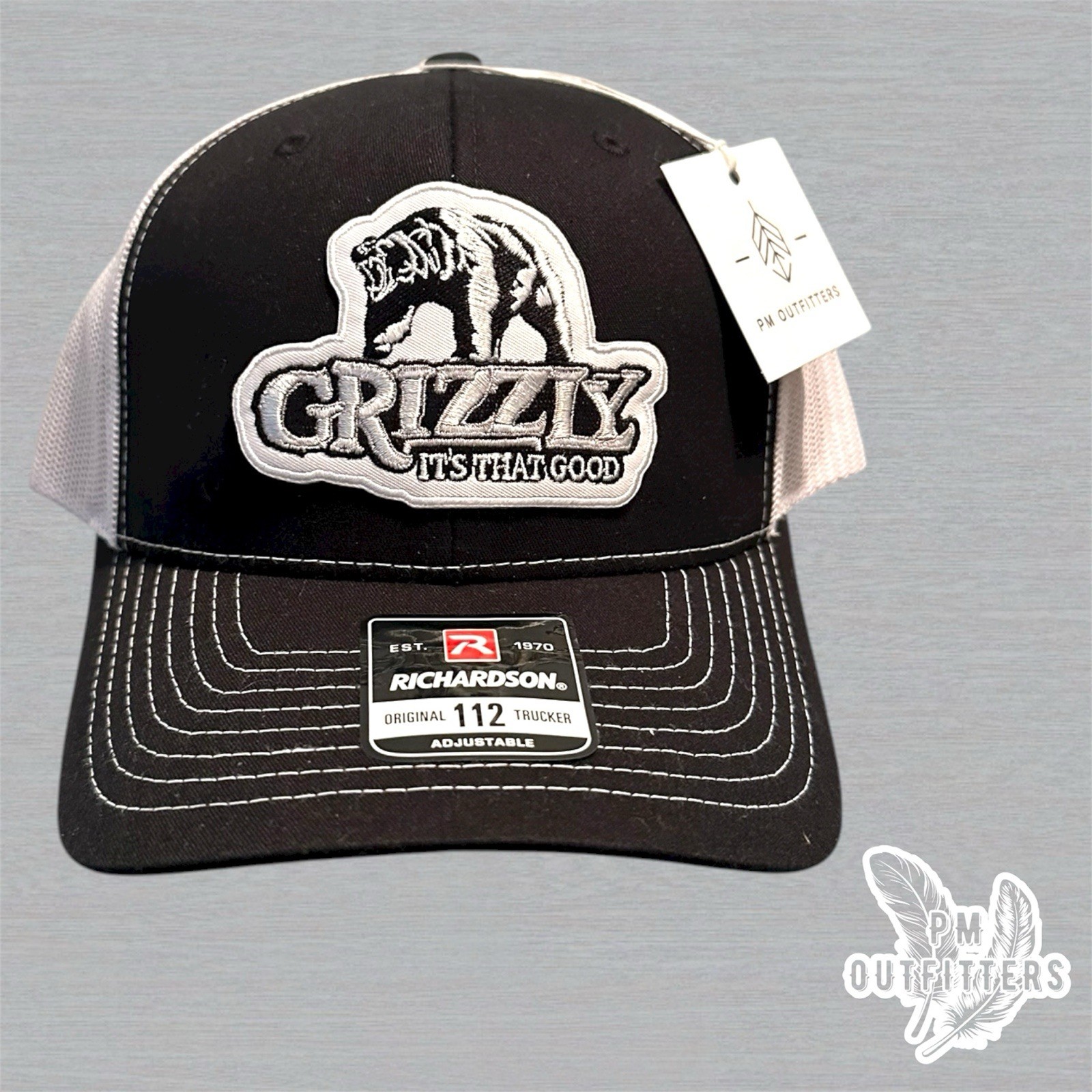 Retro Grizzly Tobacco Patch Richardson 112 Trucker Hat Black/White Snapback