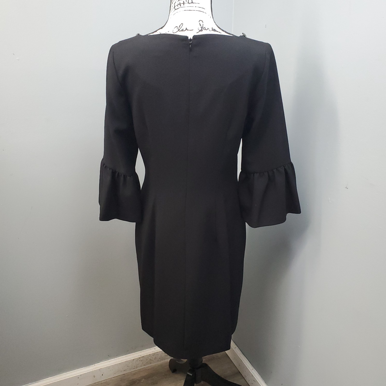 Karl Lagerfeld Paris Sheath Dress Women 8 Black Beaded Neck Bell-Sleeve Back Zip