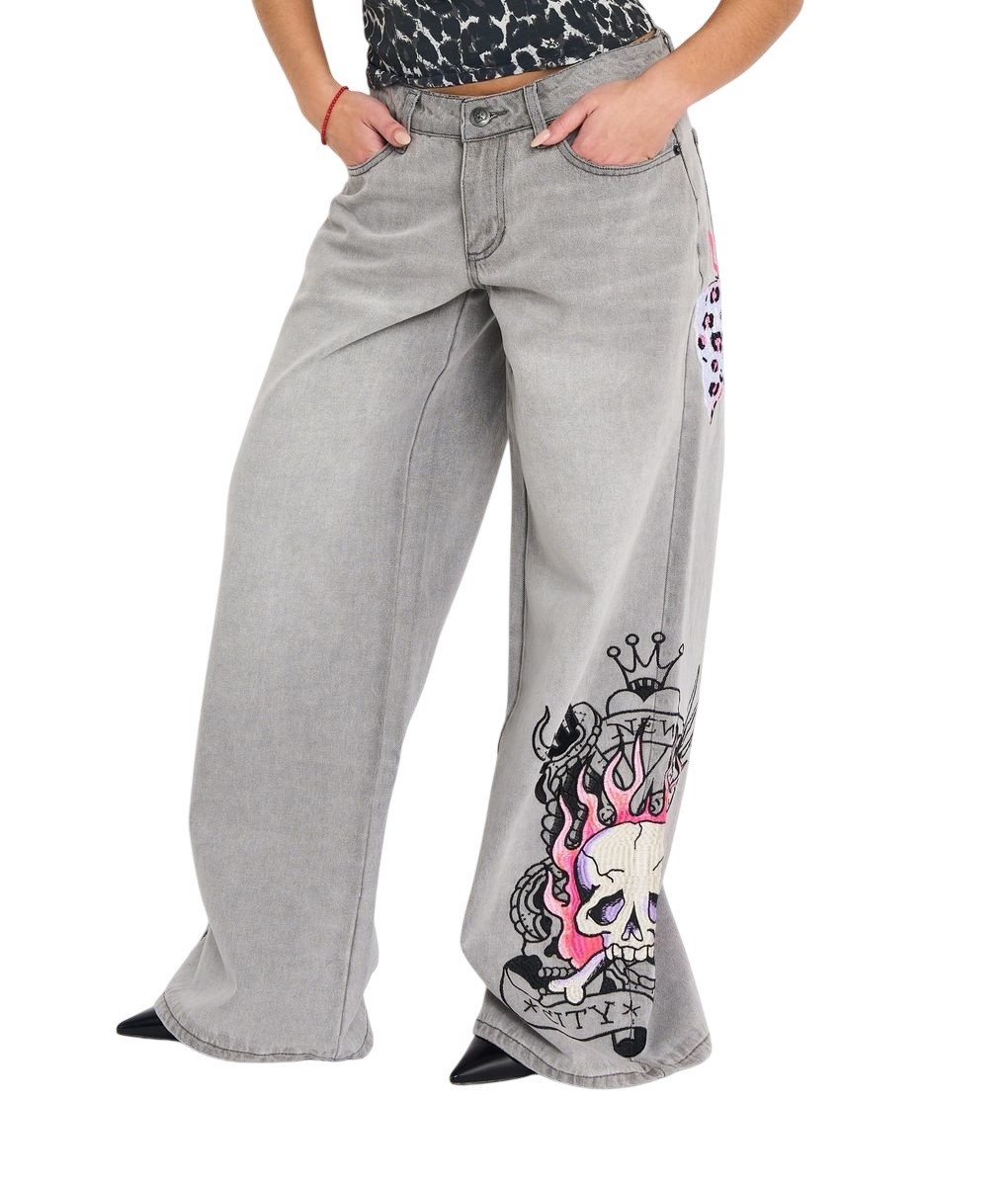 Ed Hardy Pink Skull Flame Baggy Jean Embroidered – WEHD8500-9