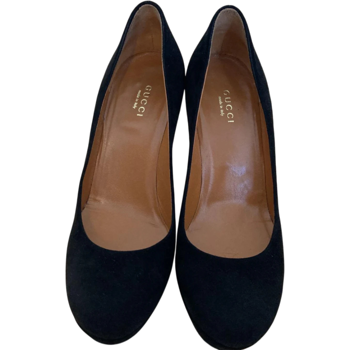 Gucci Suede Pumps Black Leather Round Toe 7.1-10cm Pin Heel Used Excellent