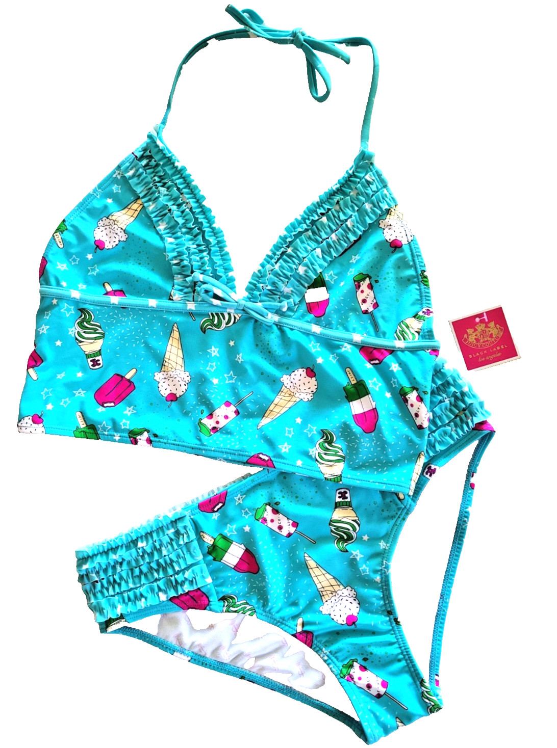 NWTs $62 JUICY COUTURE Girls Halter Ruffle Tankini Swimsuit Blue Ice Cream Sz 16