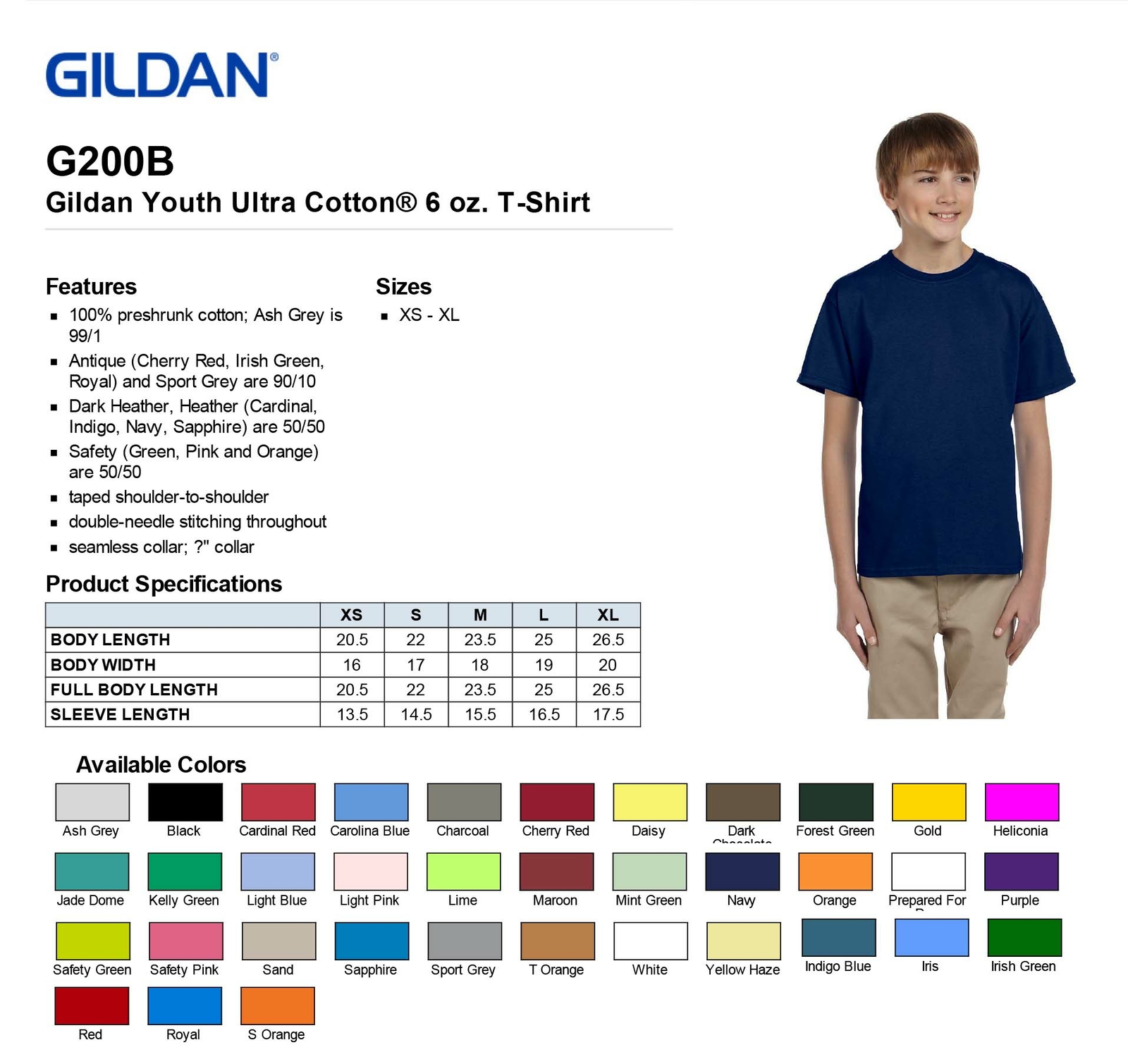 Gildan Youth T-Shirt 100% Cotton Short Sleeves Ultra Cotton M-G200B