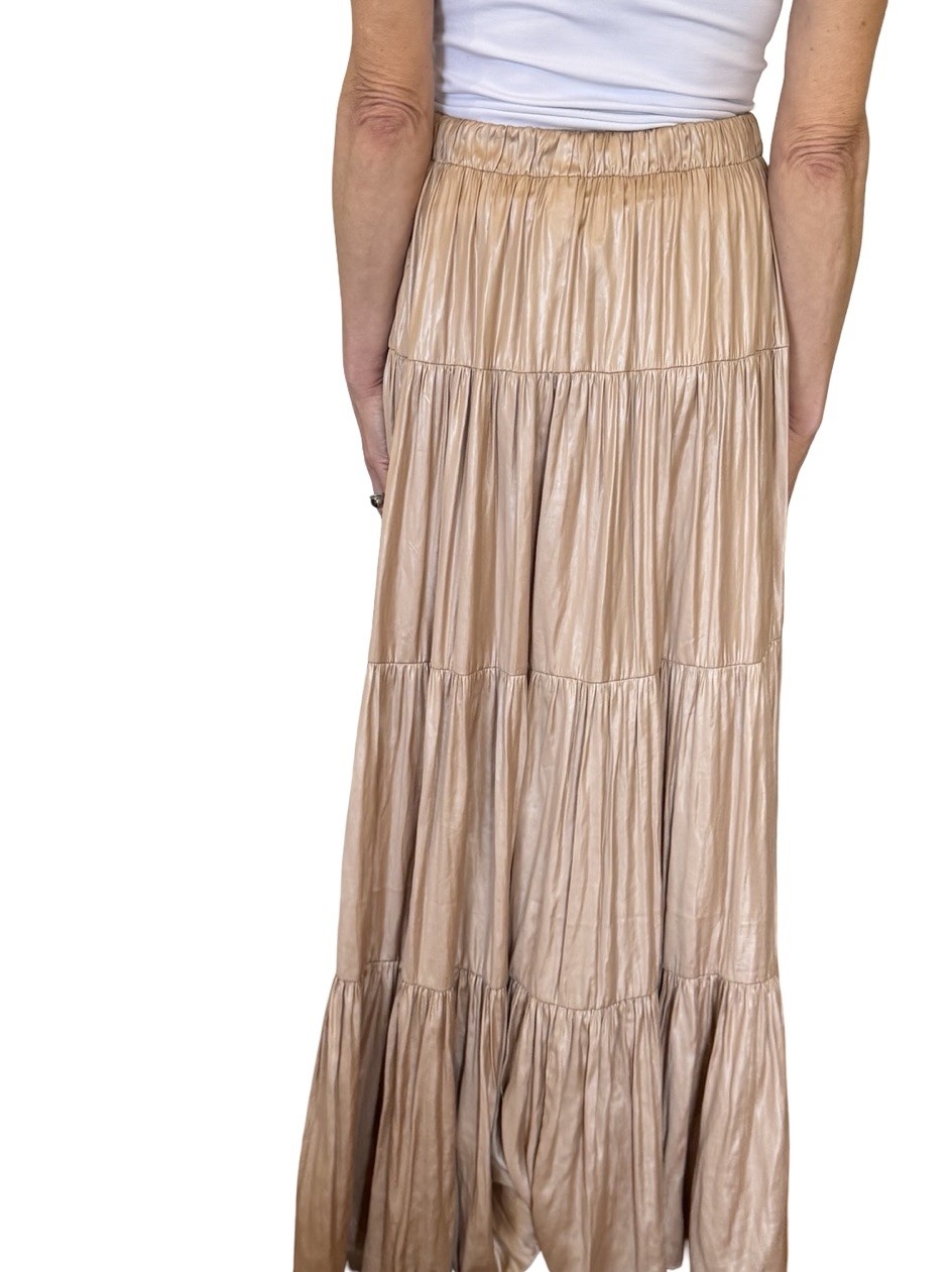 Zara Ruffled/Tiered Maxi Skirt Satin Gold Mink 2935/787 M Boho Flowy Frilly