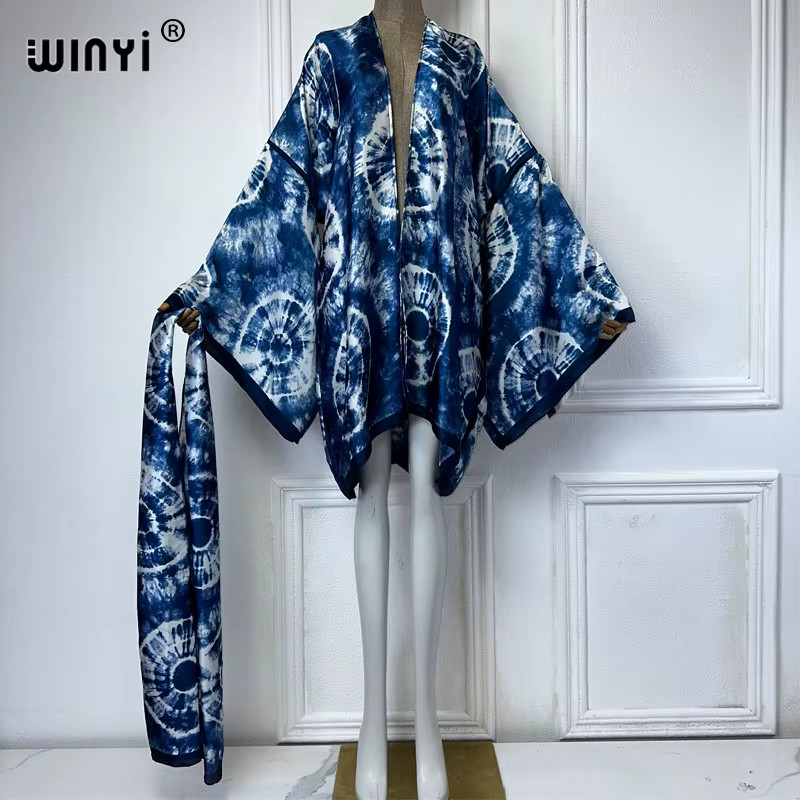 Printed Kimono with Belt African Boho Dress Beach Wear Holiday Silky Robe Beach