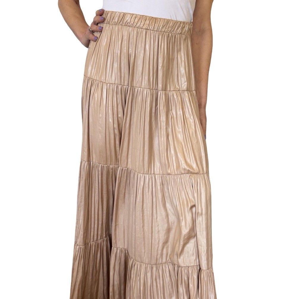 Zara Ruffled/Tiered Maxi Skirt Satin Gold Mink 2935/787 M Boho Flowy Frilly