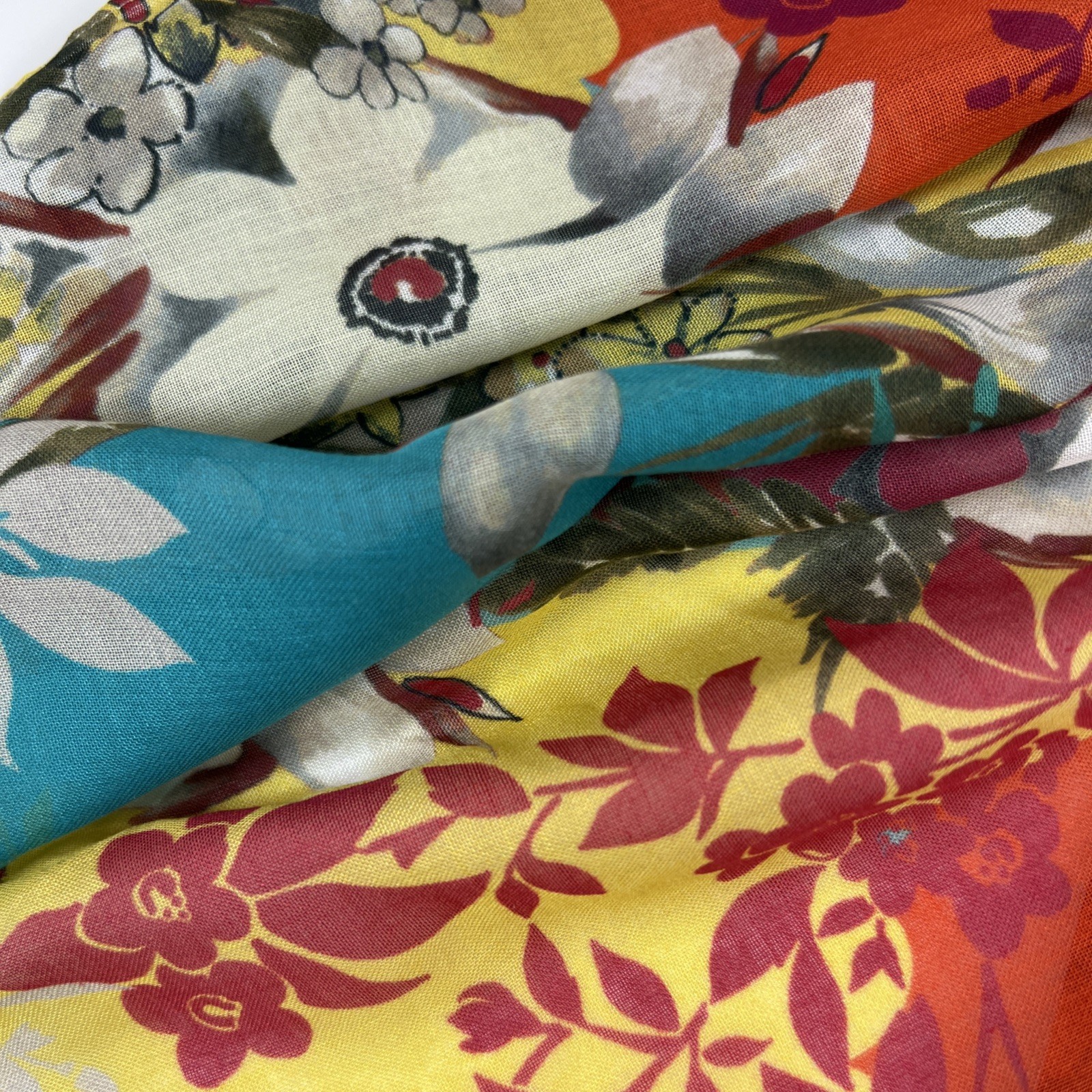 Talbots 100% Modal Scarf 75” X 27” White Teal Yellow and Orange Floral NWT