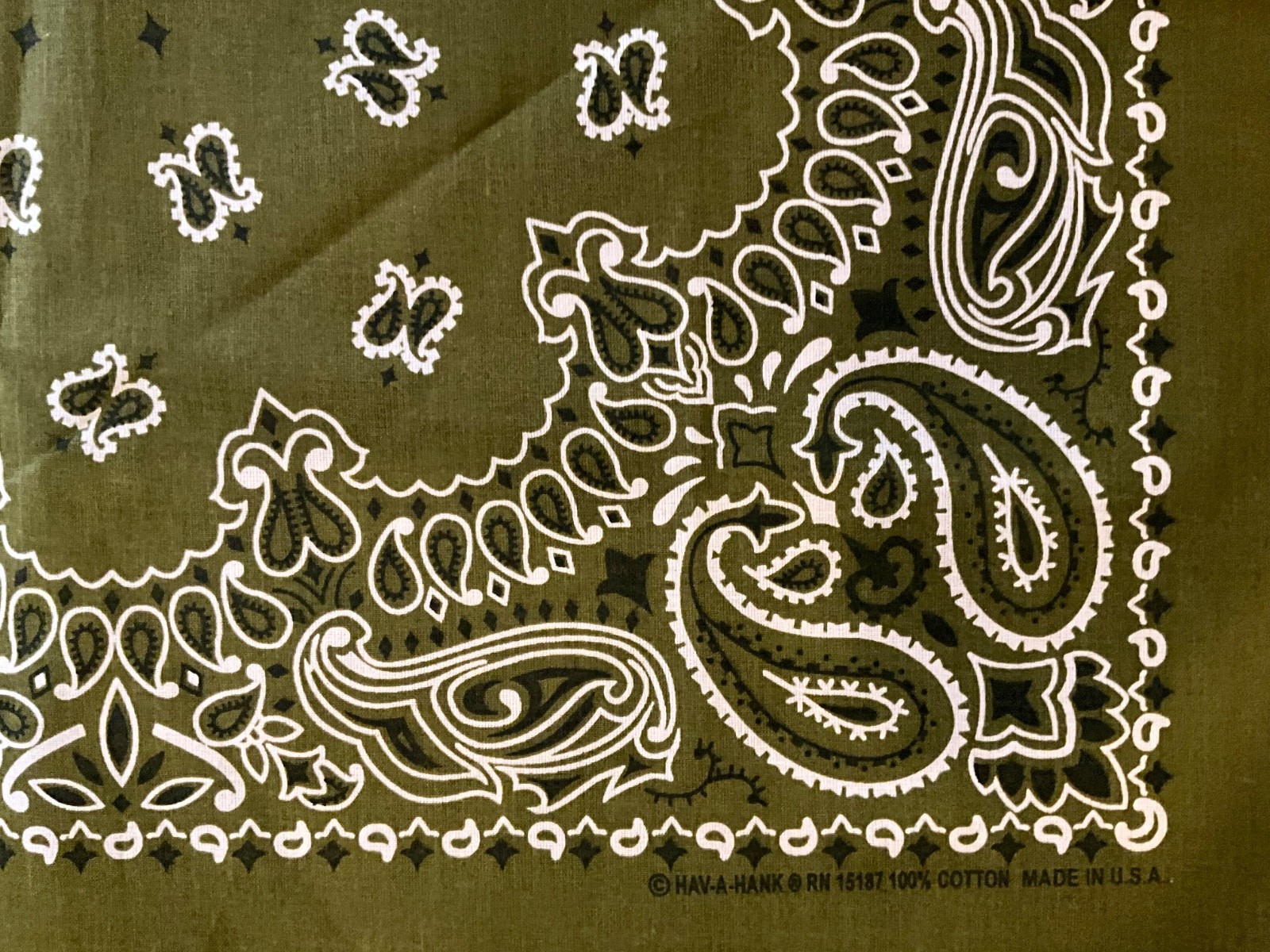 Army Green Paisley 22×22 Bandanna, Made in USA, 100% Cotton