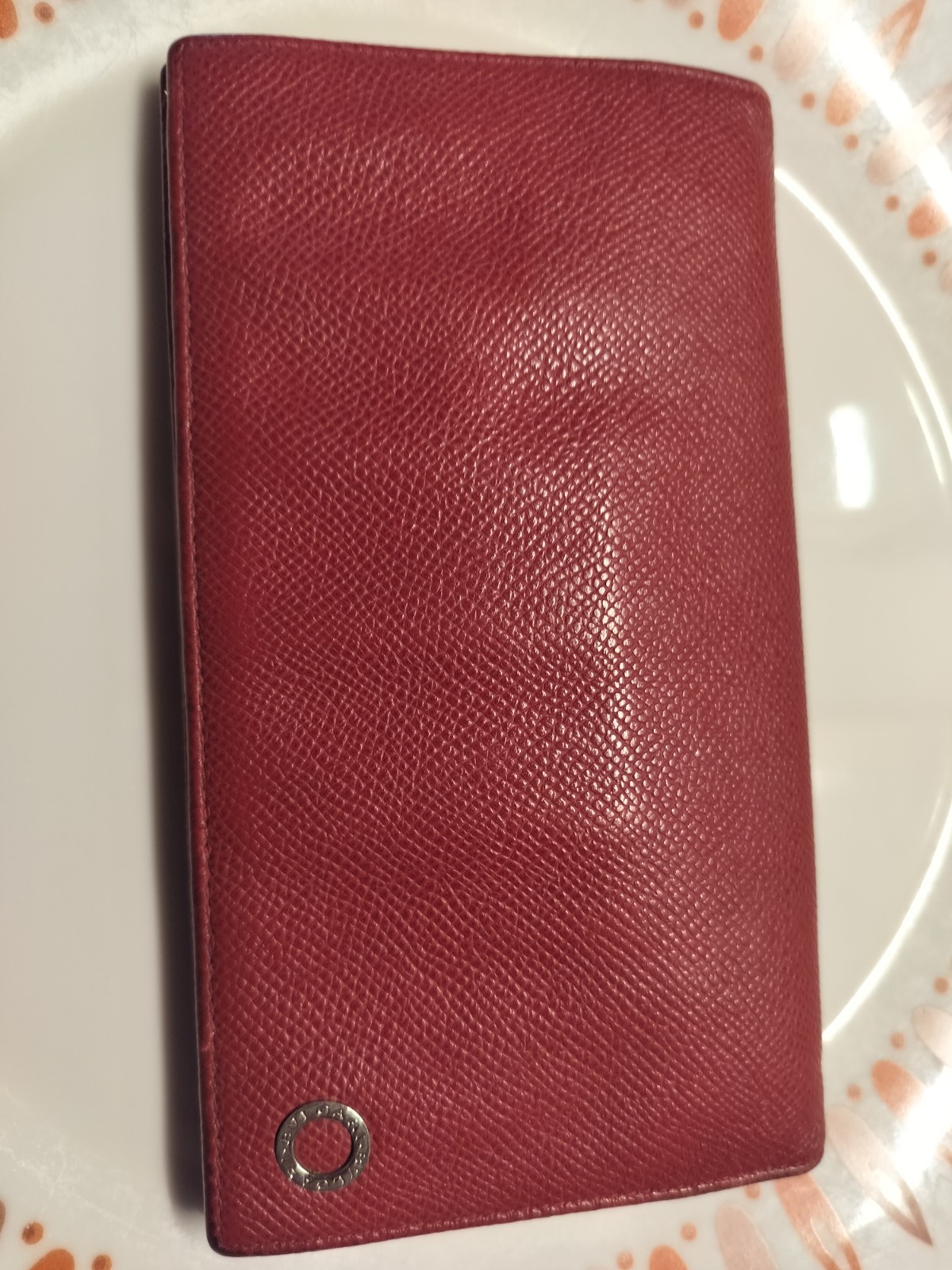 BVLGARI Red Leather Authentic Circle Logo Bi-fold Long Wallet W18×H11cm/4″X7″