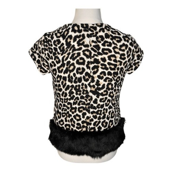Worthington Leopard Print Top Faux Fur Trim Petite Short Sleeve XS NWT