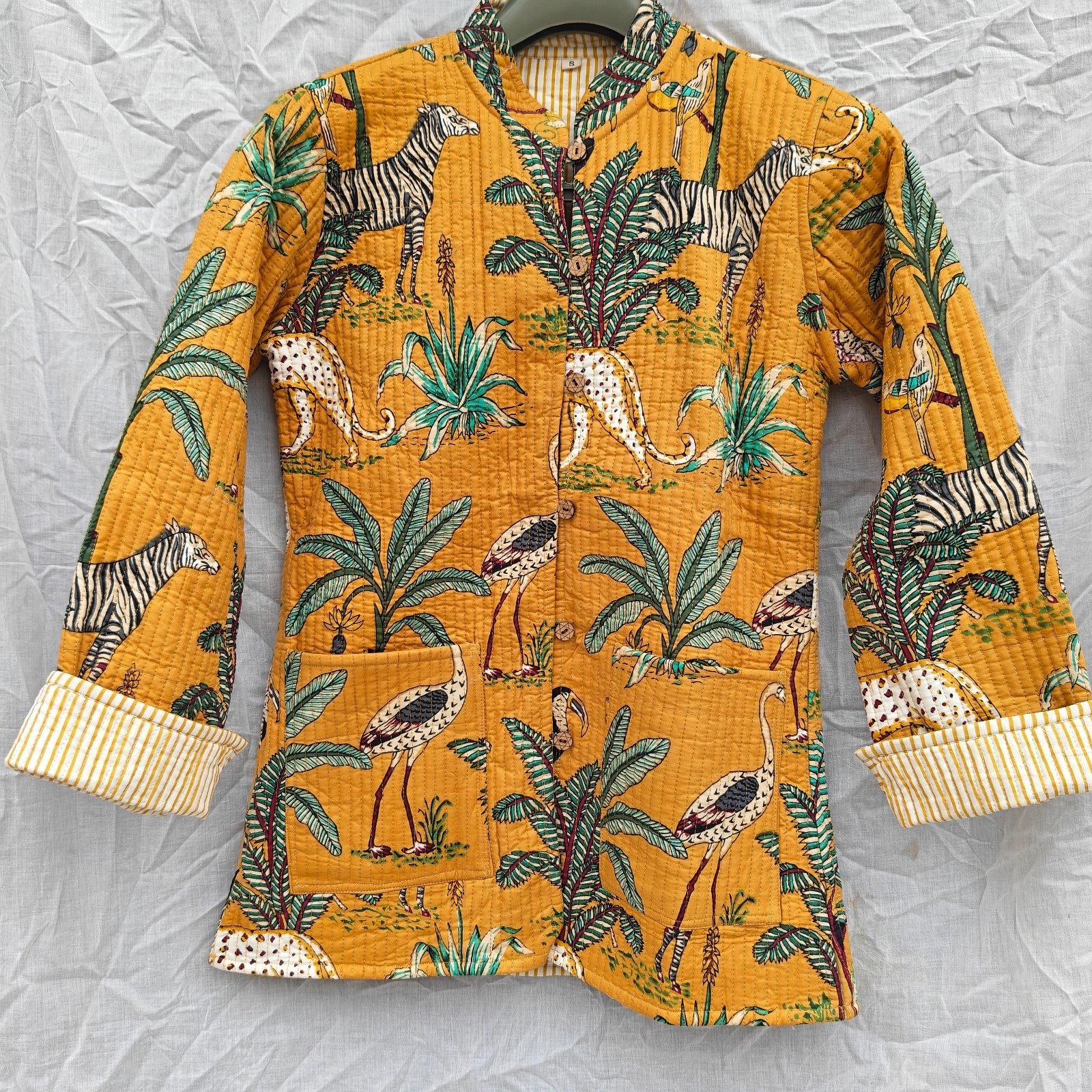 Block Print Cotton Coat, Mustard Yellow Safari Jungle Print Kantha Jacket,