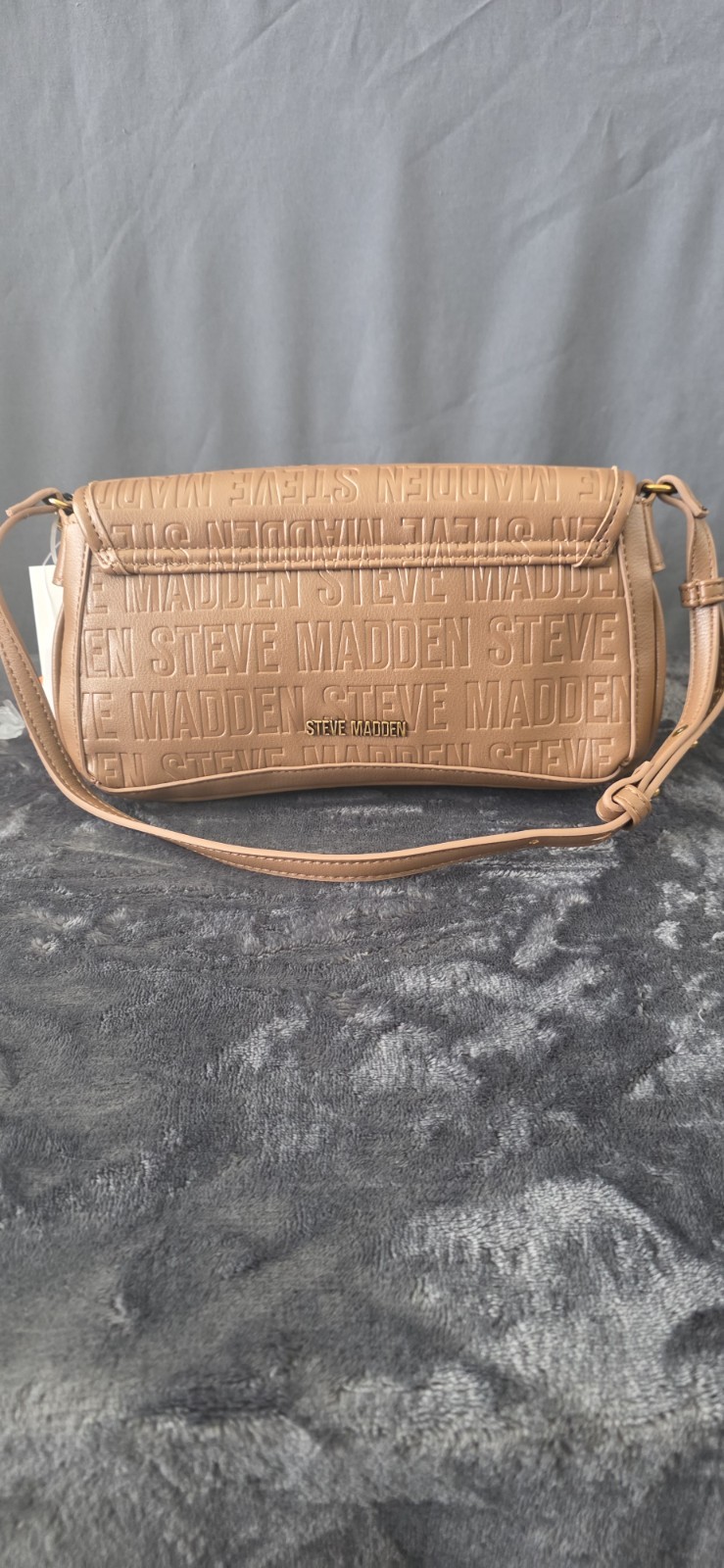 Steve Madden Tan Embossed Logo Small Crossbody Turn Lock Charm Gold Hardware