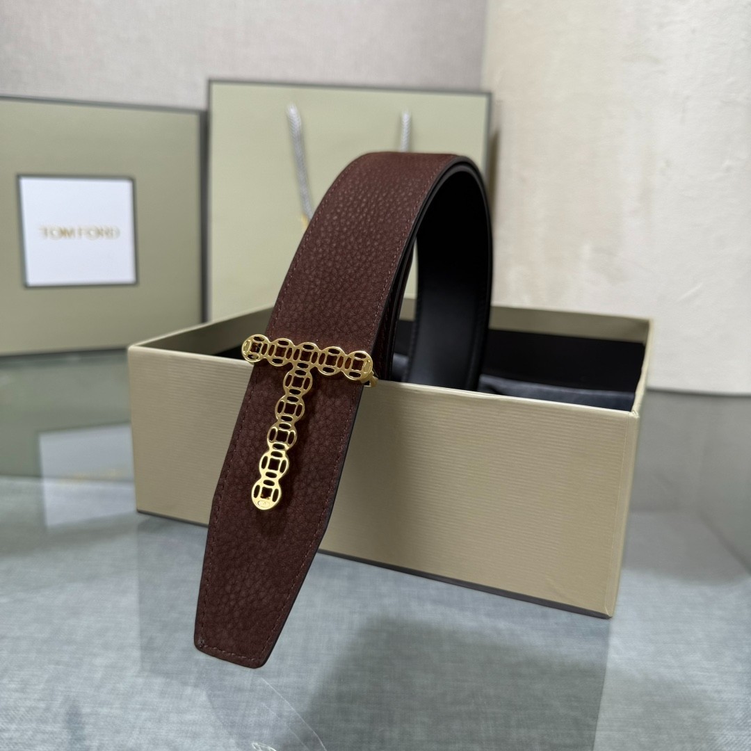 Authentic Tom Ford Men’s Reversible Calfskin Leather Black/Brown Belt T-Buckle