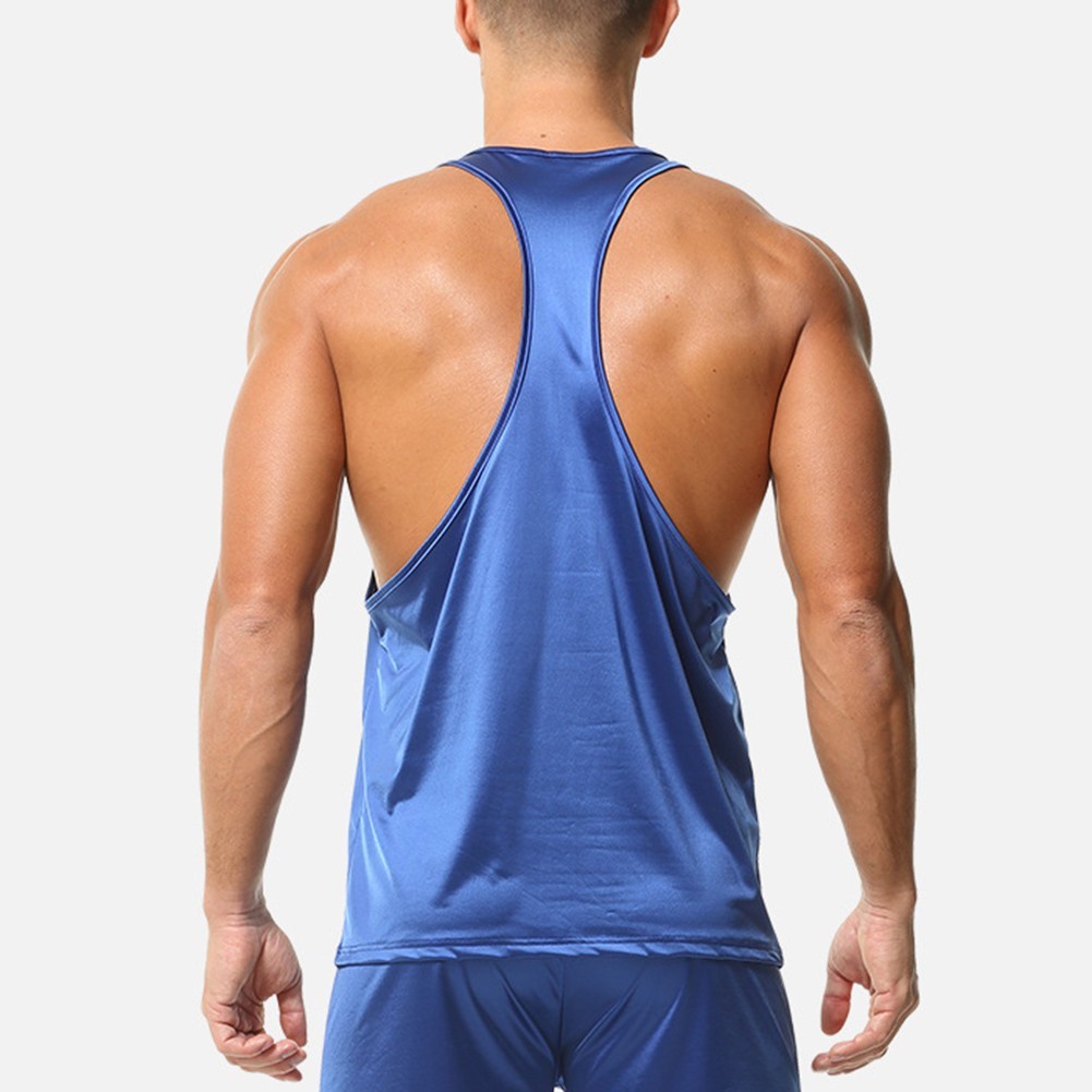 Sleeveless Gym Tee Men Tank Top Oil Shiny Glossy Satin U Neck Four Seasons