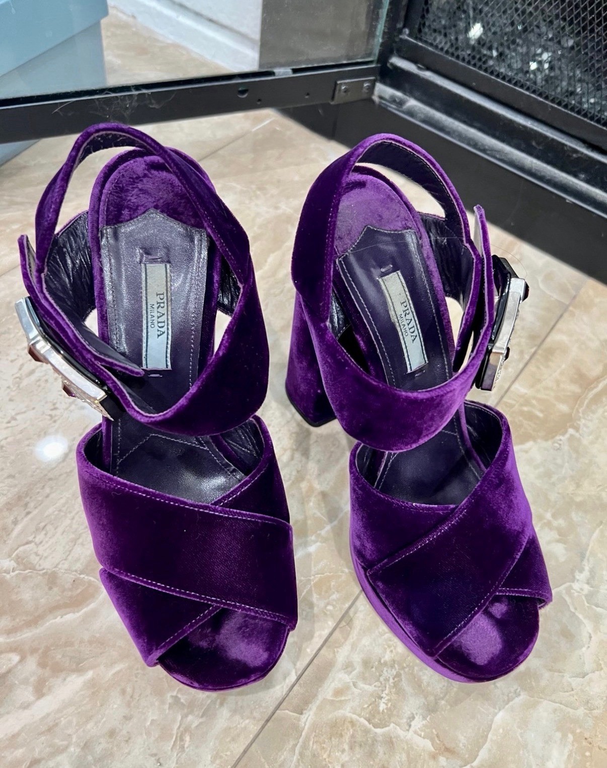 Prada Purple Velvet Rhinestone Buckle Platform Open Toe Ankle Strap, 37.5