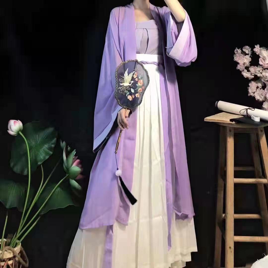 Chinese Hanfu Violets Dress Flowing Maxi Dress Chinese Women Embroidery3PCS Set