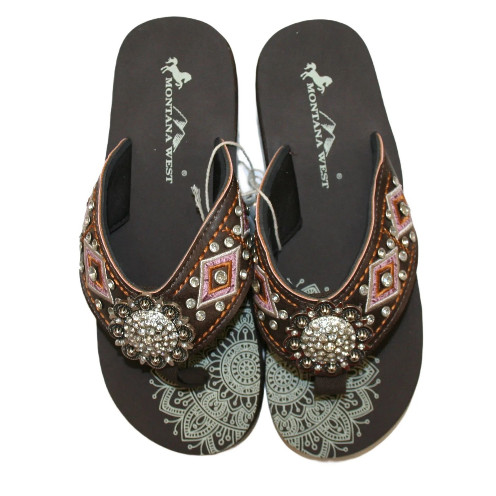 Montana West Women’s Platform Flip Flops Pink/Brown & Rhinestone Conch- NIB