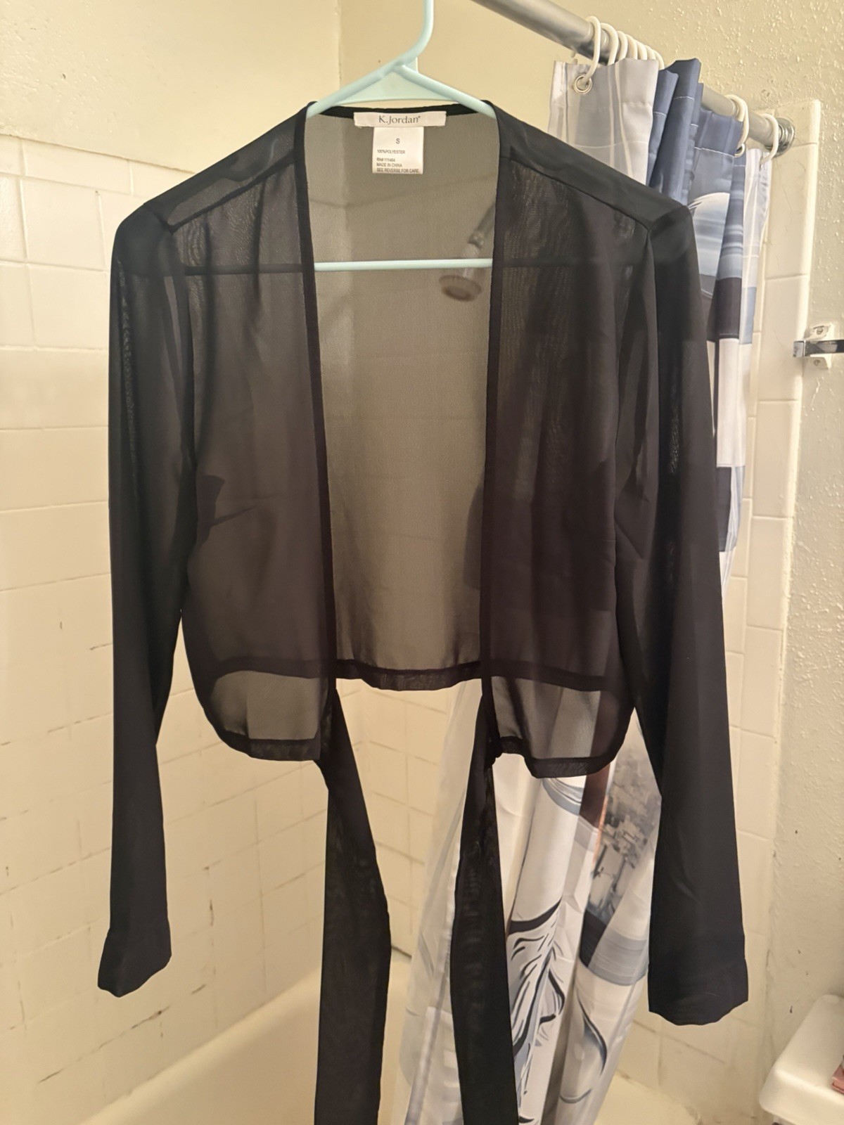 K. Jordan Women’s S Black Sheer Chiffon Tie-Front V-Neck Long Sleeve Crop Top