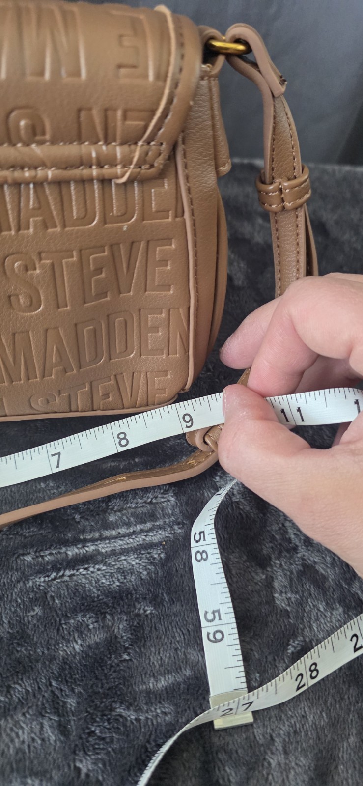 Steve Madden Tan Embossed Logo Small Crossbody Turn Lock Charm Gold Hardware