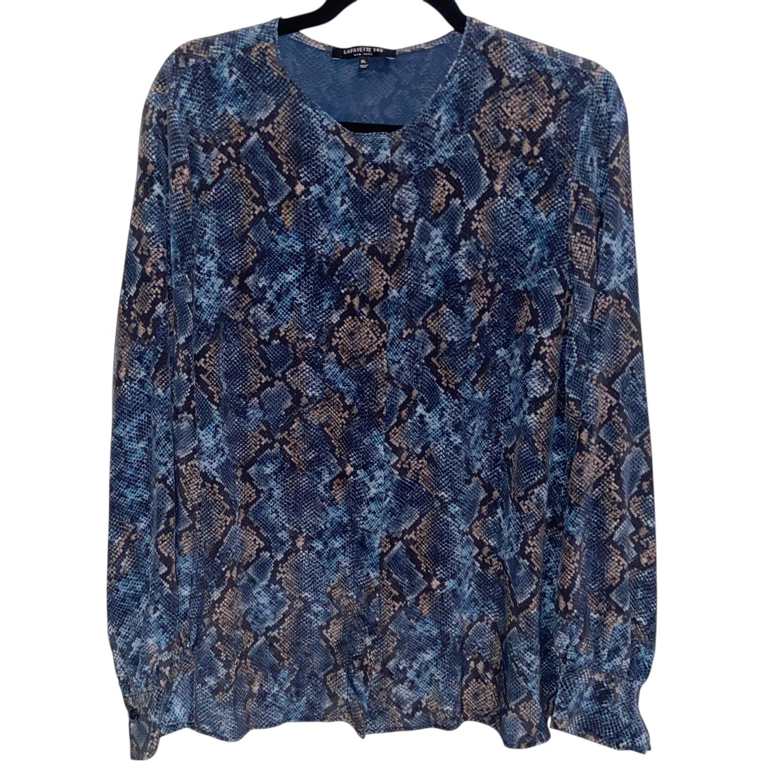 Lafayette 148 Blouse Womens XL Long Sleeve Silk Top Button Shirt Snakeskin Print
