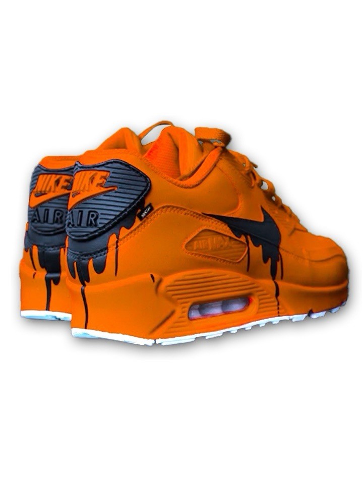 Custom Nike Air Max 90 – Orange Black Drip – Hand-Painted – Dripped Nike Shoes