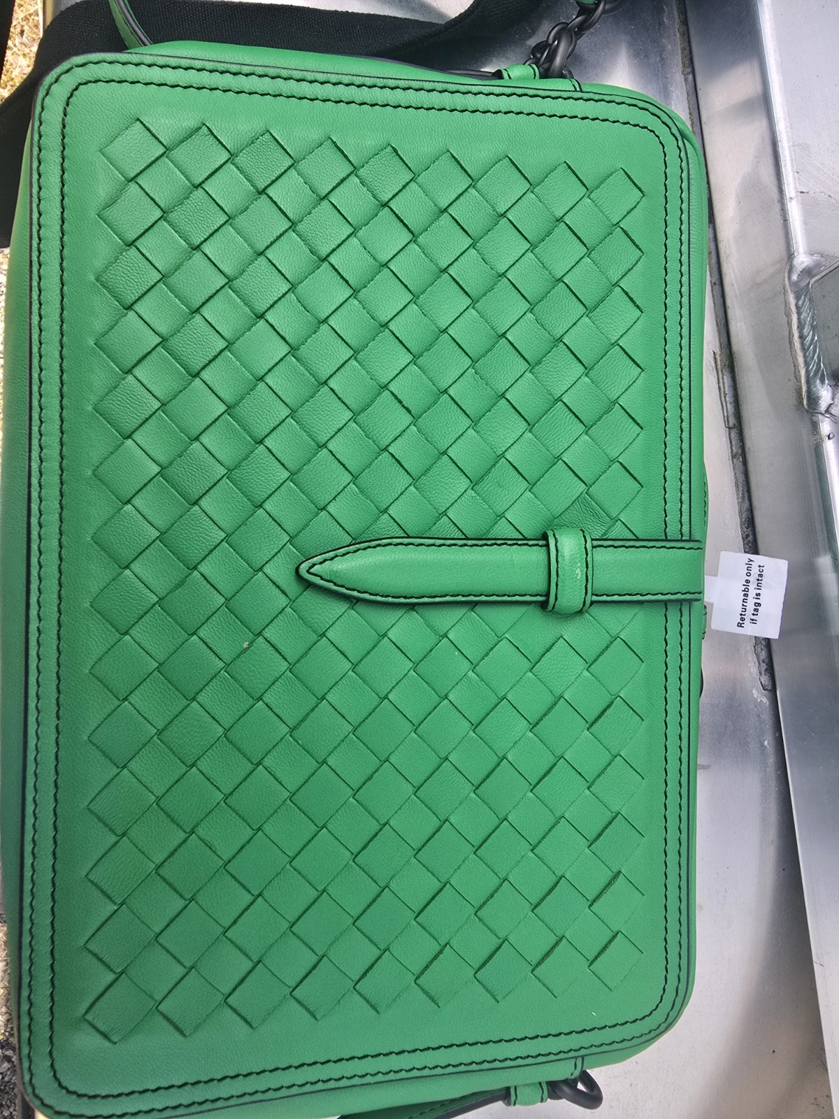 Bottega Veneta Green Woven Camera Bag, Zip Closure, Chain Strap