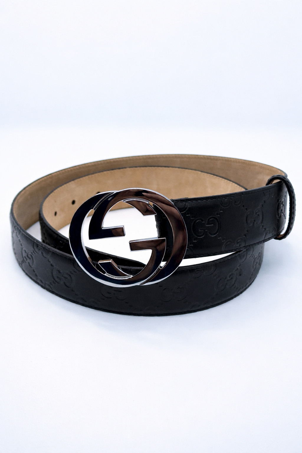 GG Mono BlackGUCCl Leather Belt Silver Buckle Authentic