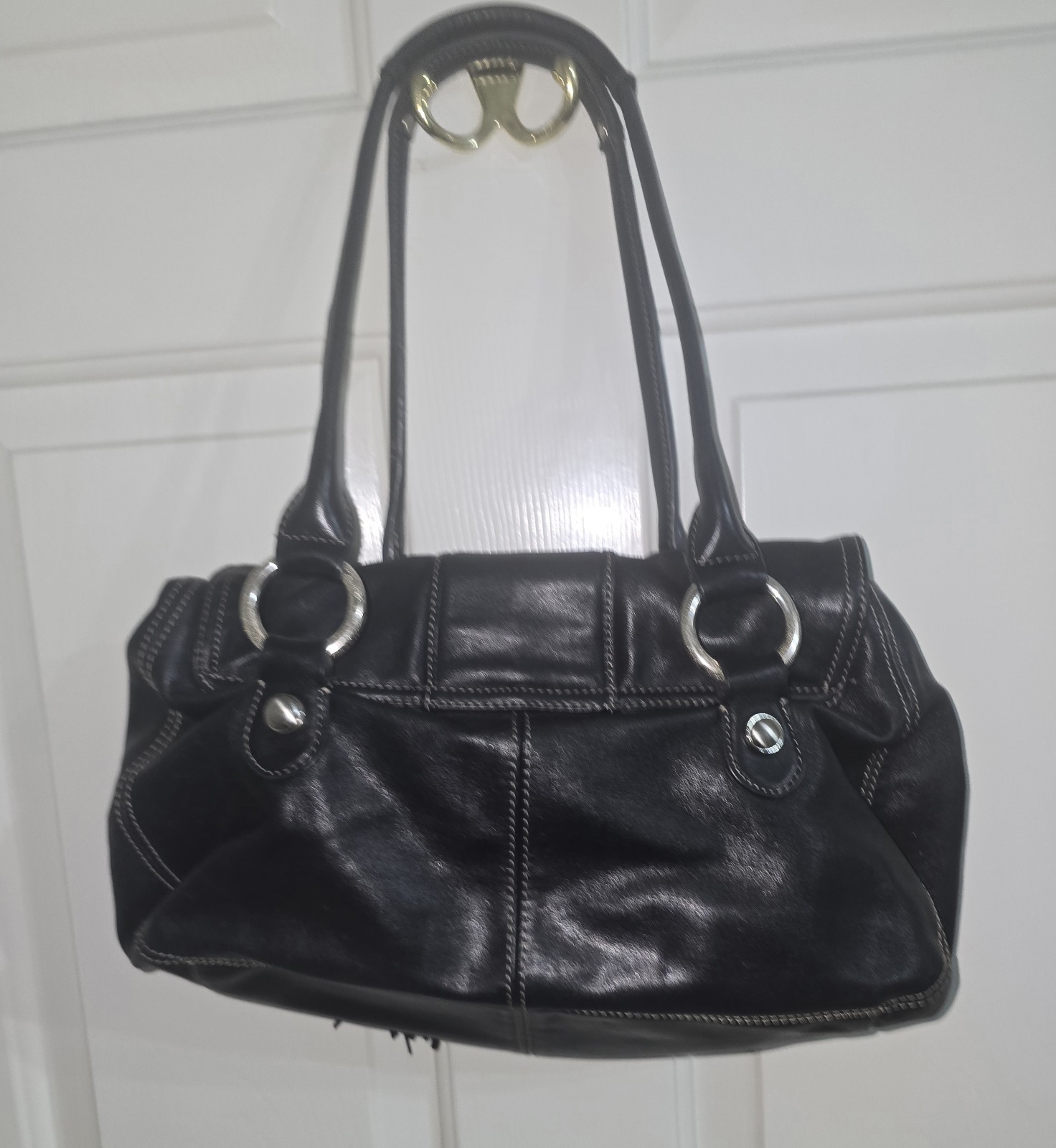 B. Makowsky Black Medium Shoulder Bag Buckle Tassel Silver Hardware Paisley