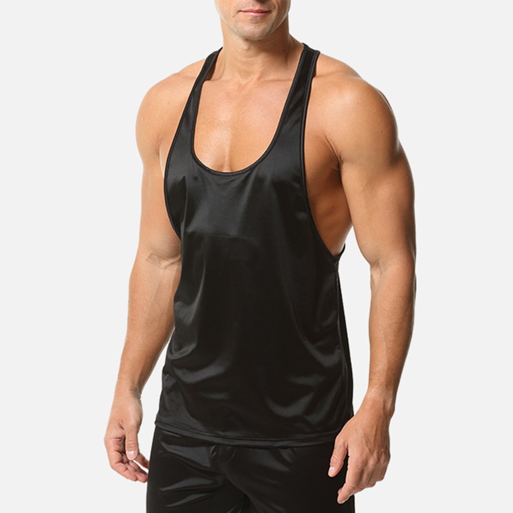Sleeveless Gym Tee Men Tank Top Oil Shiny Glossy Satin U Neck Four Seasons