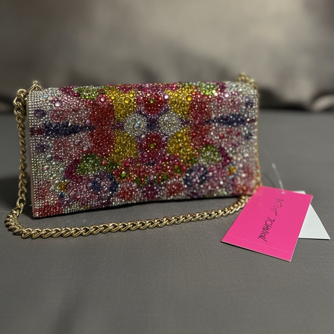 Betsey Johnson Multicolor Rhinestone Clutch w/ Detachable Gold Chain