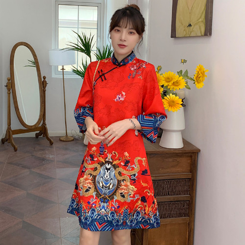 Red Blue Loose New Modern Chinese Cheongsam A-line Dress 3/4 Sleeve Qipao