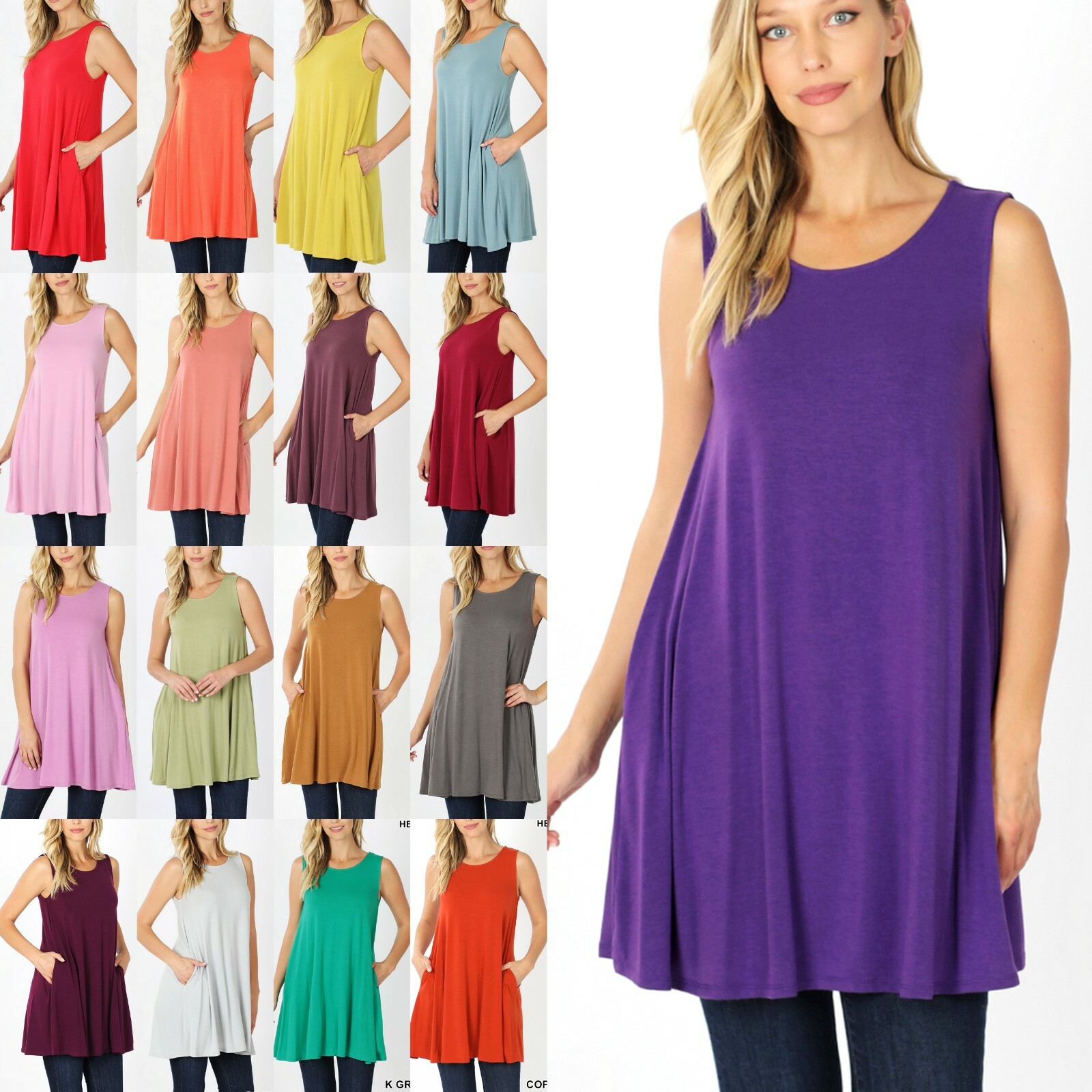 Women’s Round Neck Sleeveless Soft Rayon Top w/ Side Pockets Longline Tank Tunic